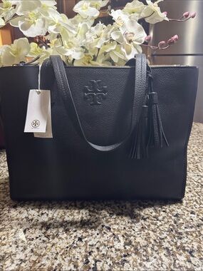 Tory Burch Black Leather Tassel Tote